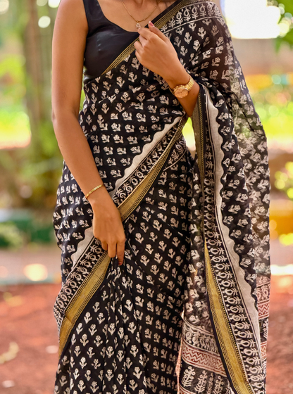 Black Maheshwari Silk Saree with Traditional Ivory Motifs
