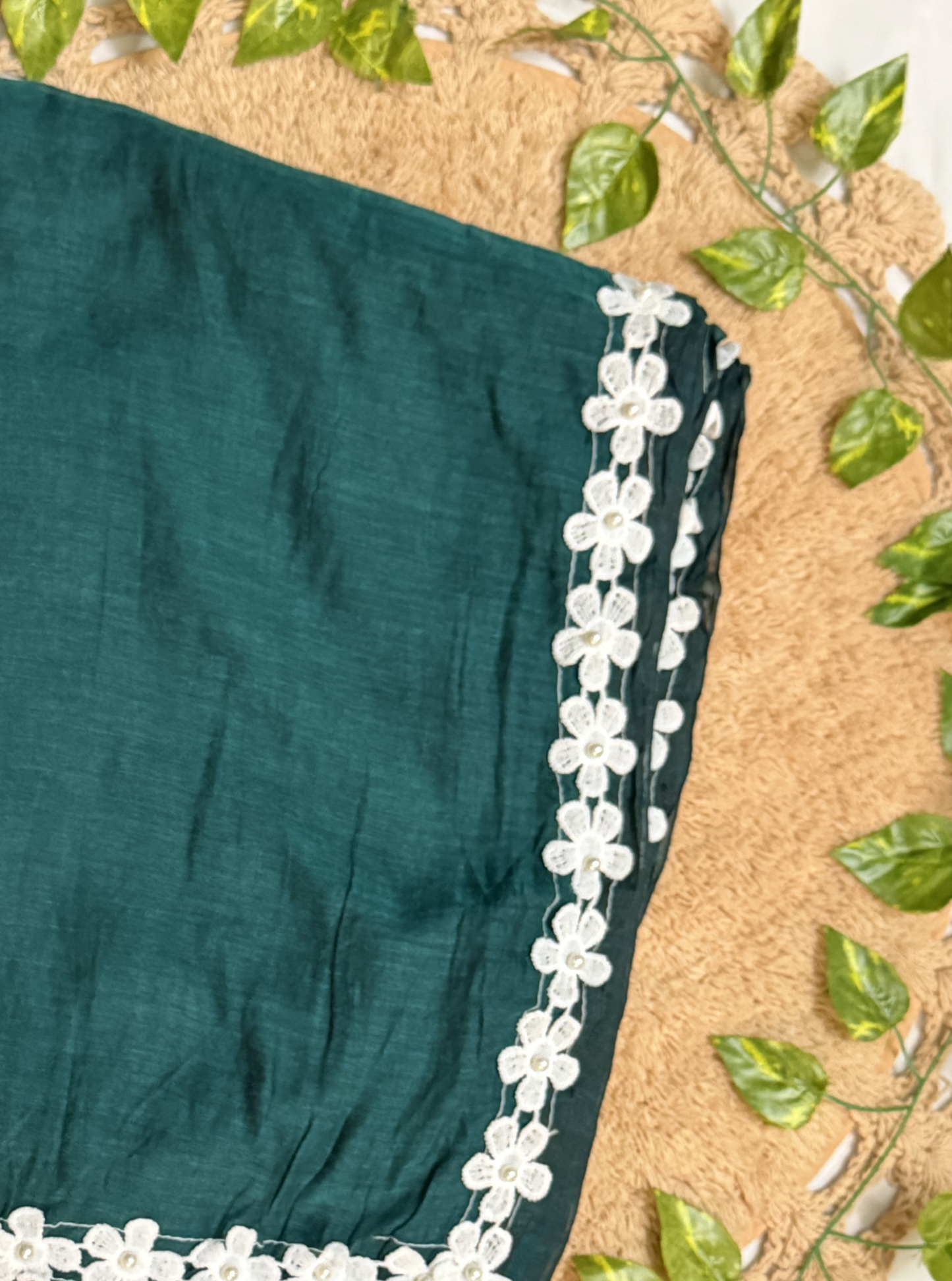 Emerald Green Mul Cotton Saree with White Floral Lace Border