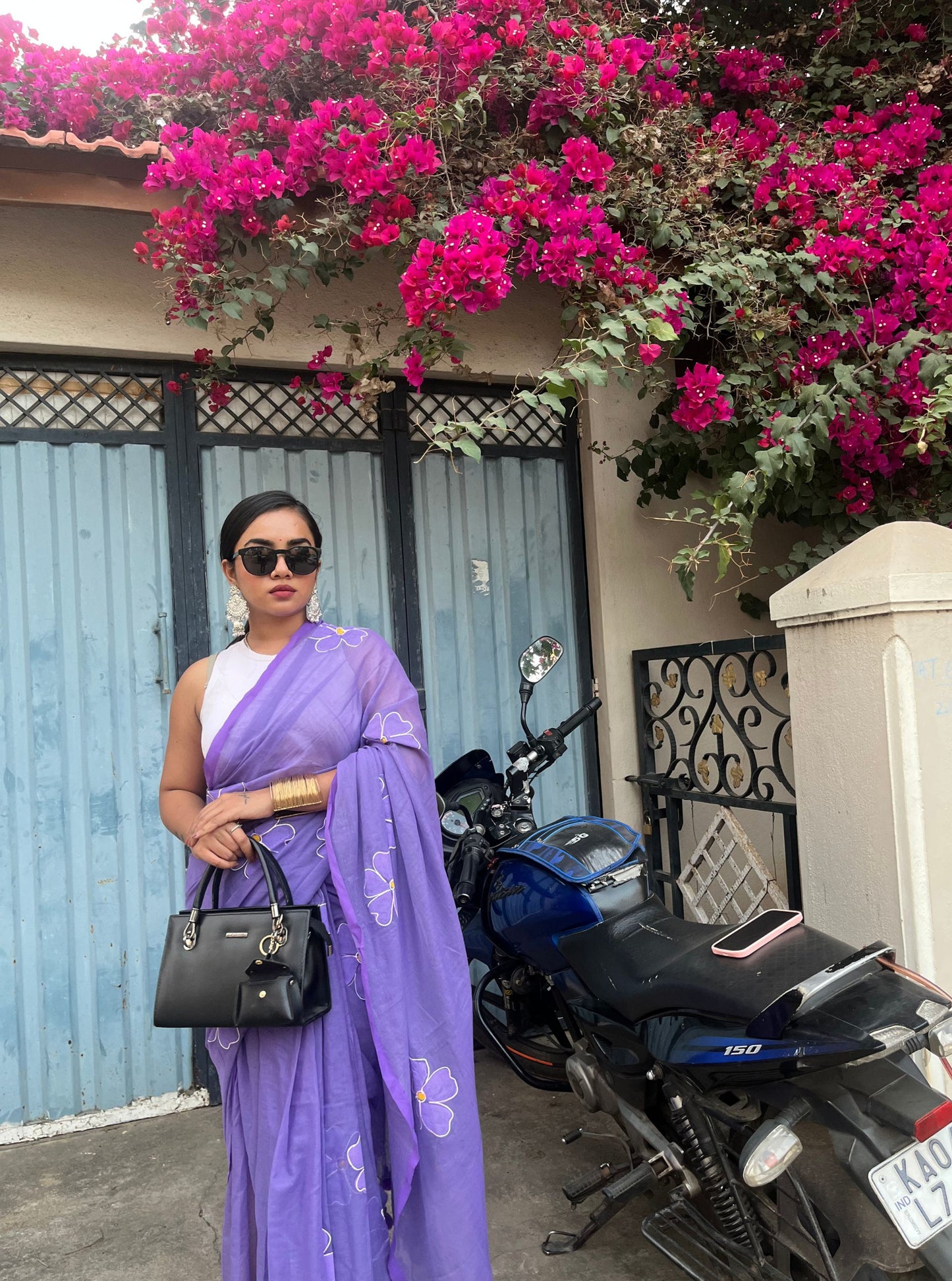 Lavender Mul Cotton Saree with Minimal Floral Handwork