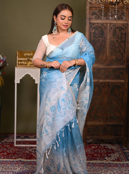 Sky Blue Kota Applique Cutwork Saree with Floral Detailing