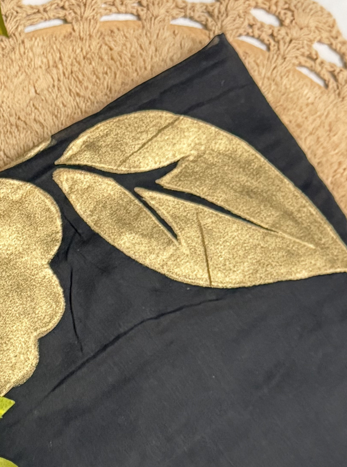 Midnight Black Mul Cotton Saree with Golden Leaf Design & Tassels