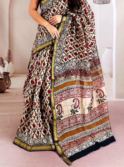 Ivory Maheshwari Silk Saree with Kalamkari-Inspired Motifs