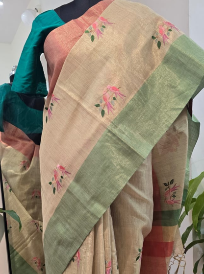 Beige Tissue Saree with Floral Embroidery & Dual-Tone Border