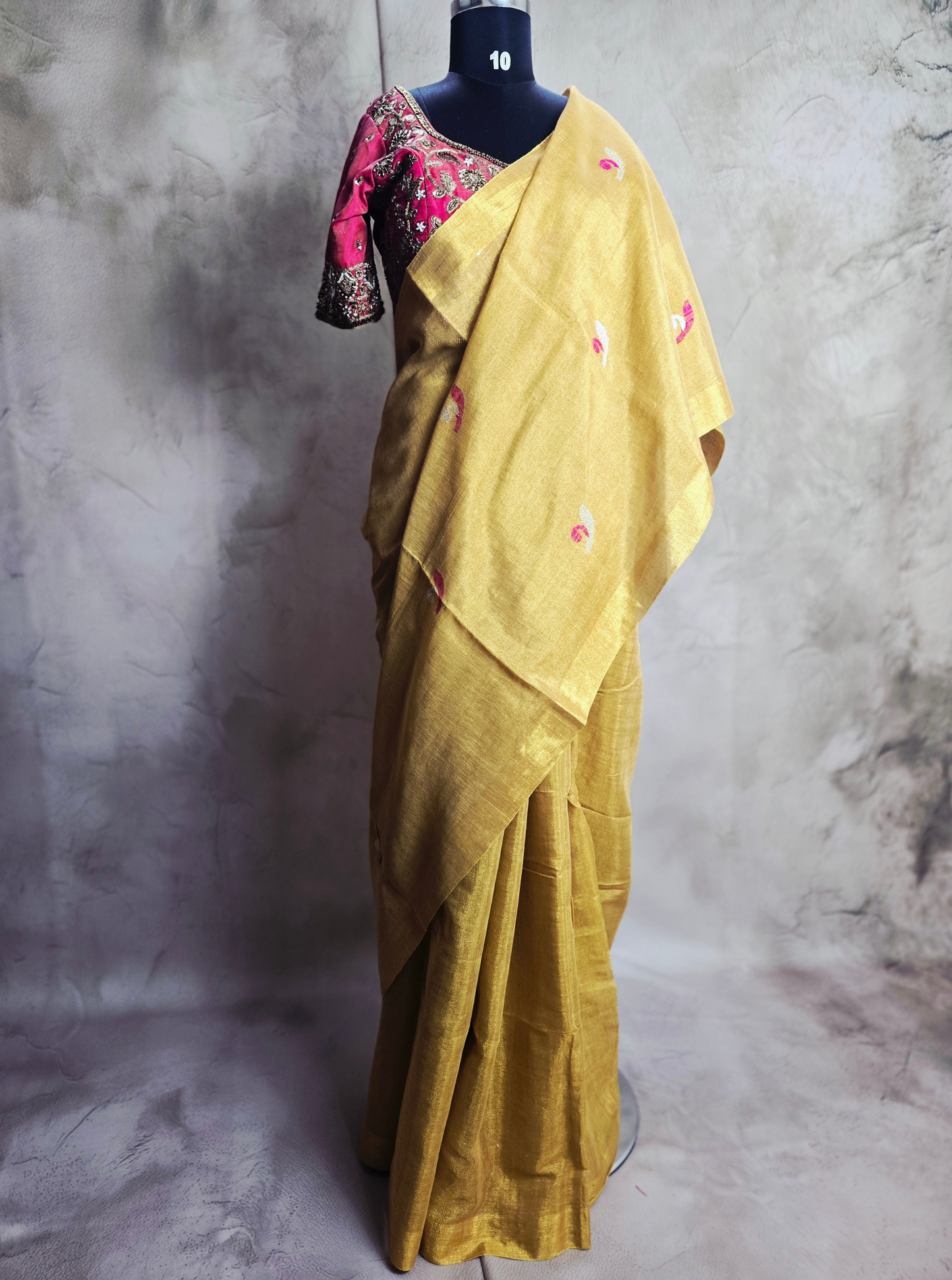 Golden Yellow Linen Tissue Saree with Delicate Motifs
