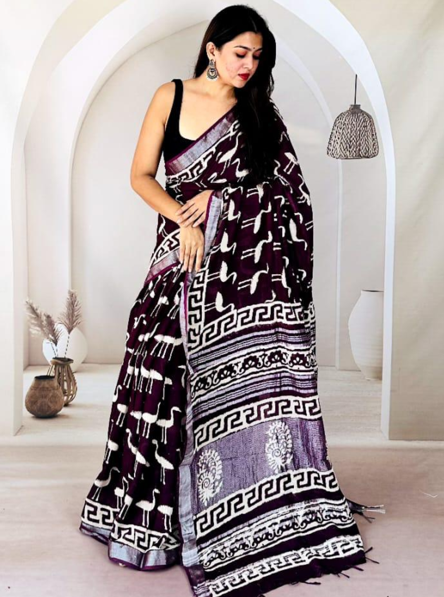 Deep Wine Hand-Printed Linen Cotton Saree with Tribal Motifs
