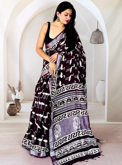 Deep Wine Hand-Printed Linen Cotton Saree with Tribal Motifs