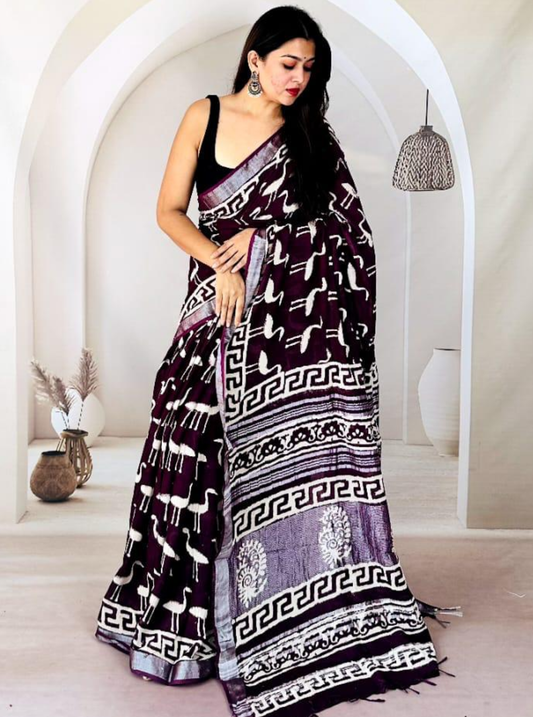 Deep Wine Hand-Printed Linen Cotton Saree with Tribal Motifs