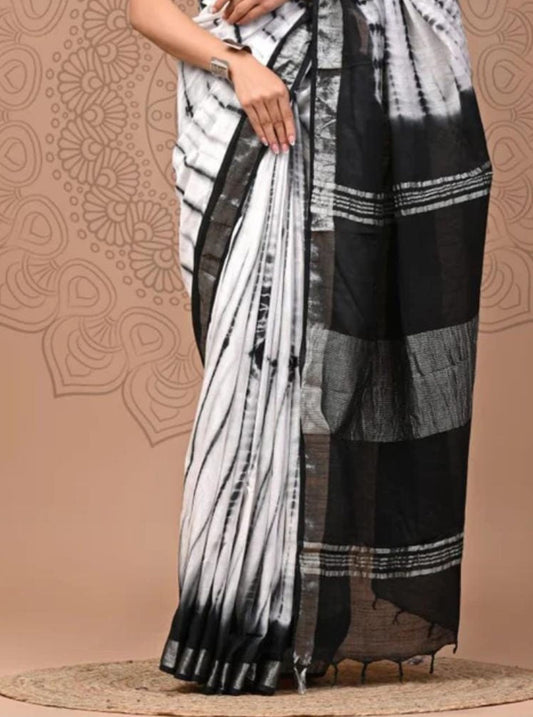 Classic Black & White Linen Cotton Saree with Contemporary Tie-Dye Accents