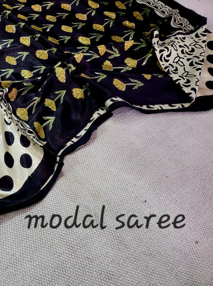Ivory & Black Modal Silk Ajrakh Saree with Polka Motifs – Naturally Dyed Handcrafted Elegance