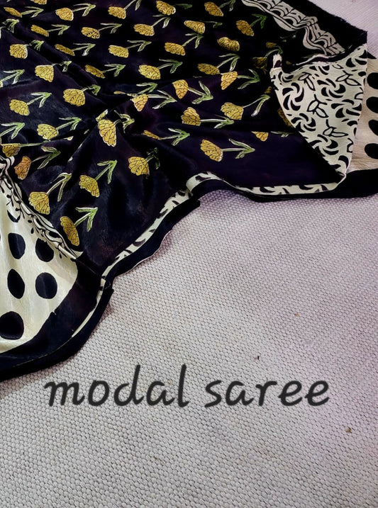 Ivory & Black Modal Silk Ajrakh Saree with Polka Motifs – Naturally Dyed Handcrafted Elegance