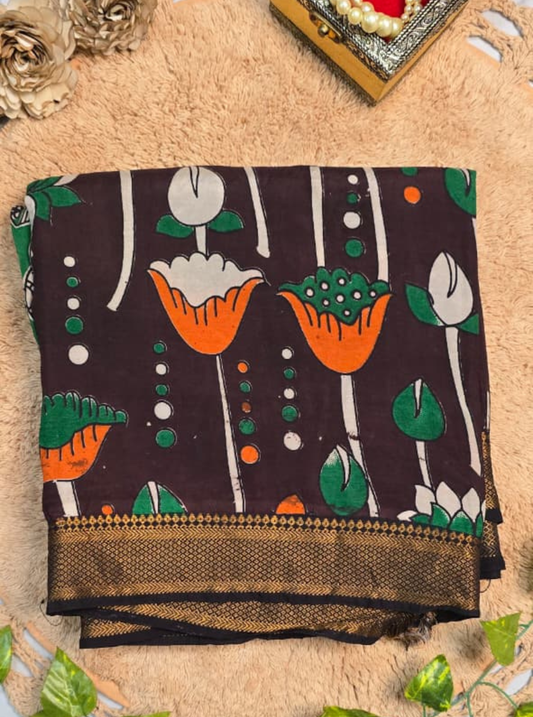Chocolate Brown Kalamkari Mangalagiri Silk Saree with Hand-Printed Floral Motifs & Zari Border