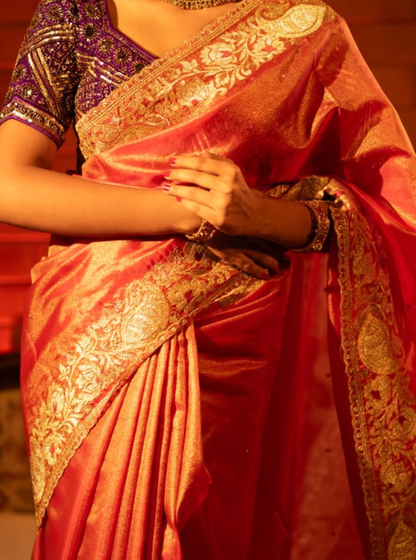 Royal Red Tissue Silk Saree with Rich Gold Zari Border