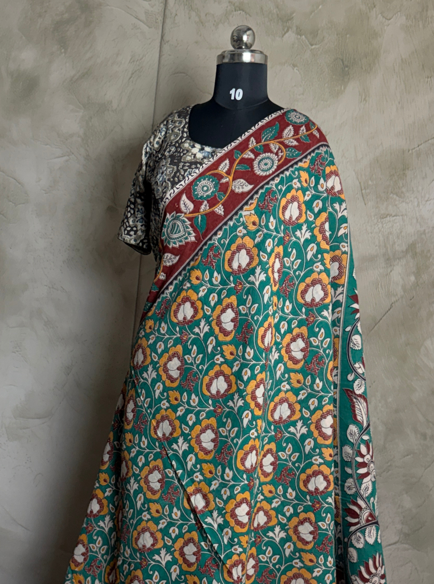 Teal Green kalamkari Cotton Saree with Floral Buti Print & Maroon Ethnic Border