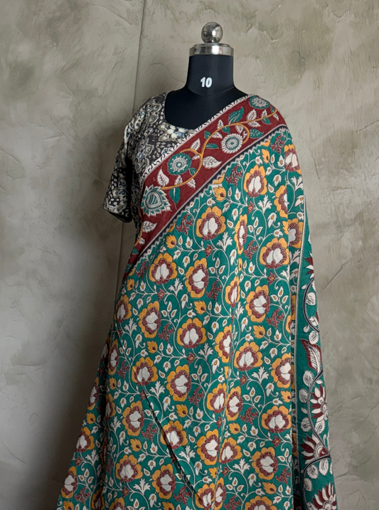 Teal Green kalamkari Cotton Saree with Floral Buti Print & Maroon Ethnic Border