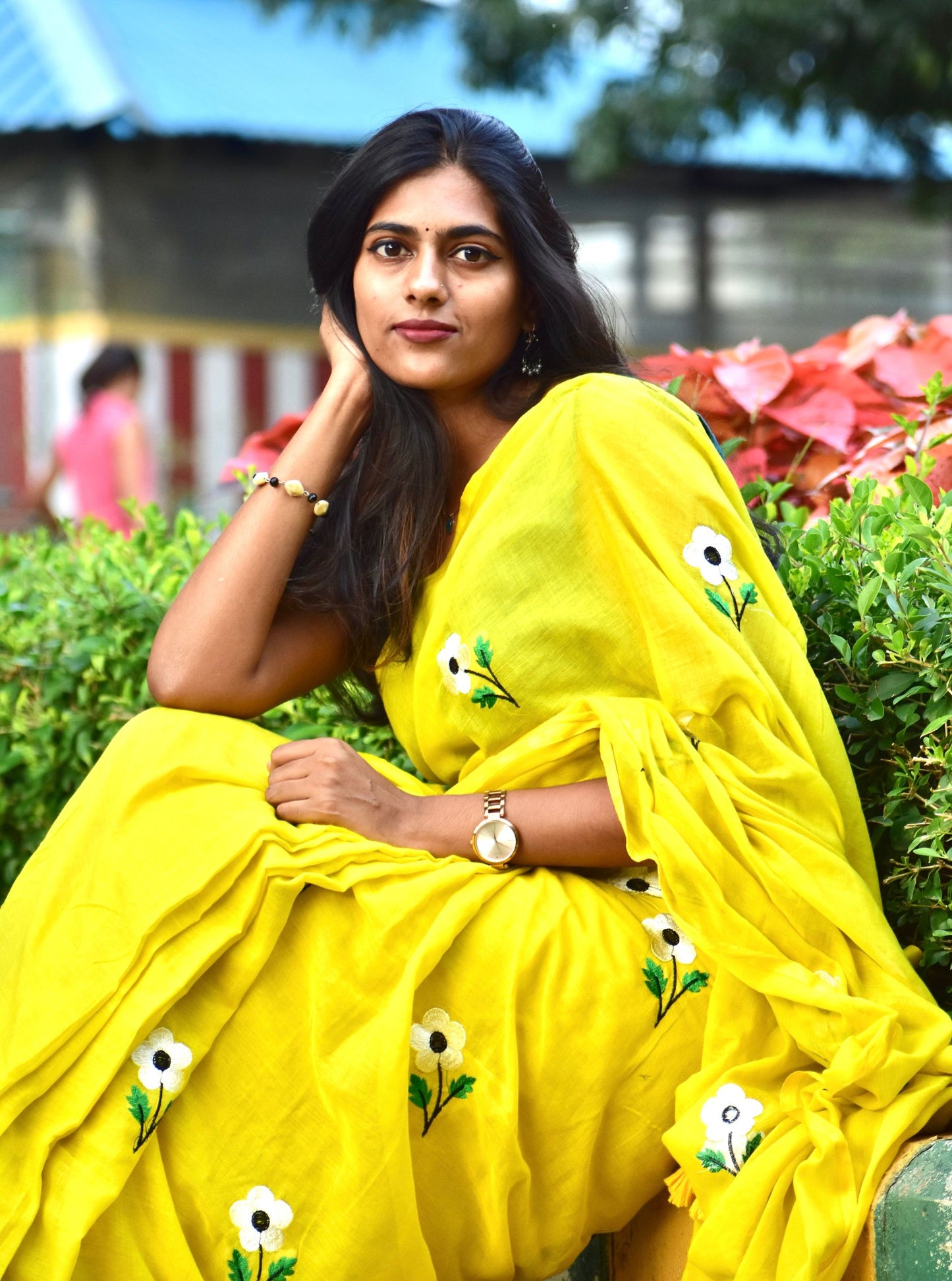 Sunshine Yellow Mul Cotton Saree with Delicate Floral Embroidery