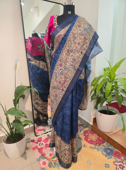 Royal Blue Tussar Silk Saree with Kalamkari-Inspired Border & Rich Pallu