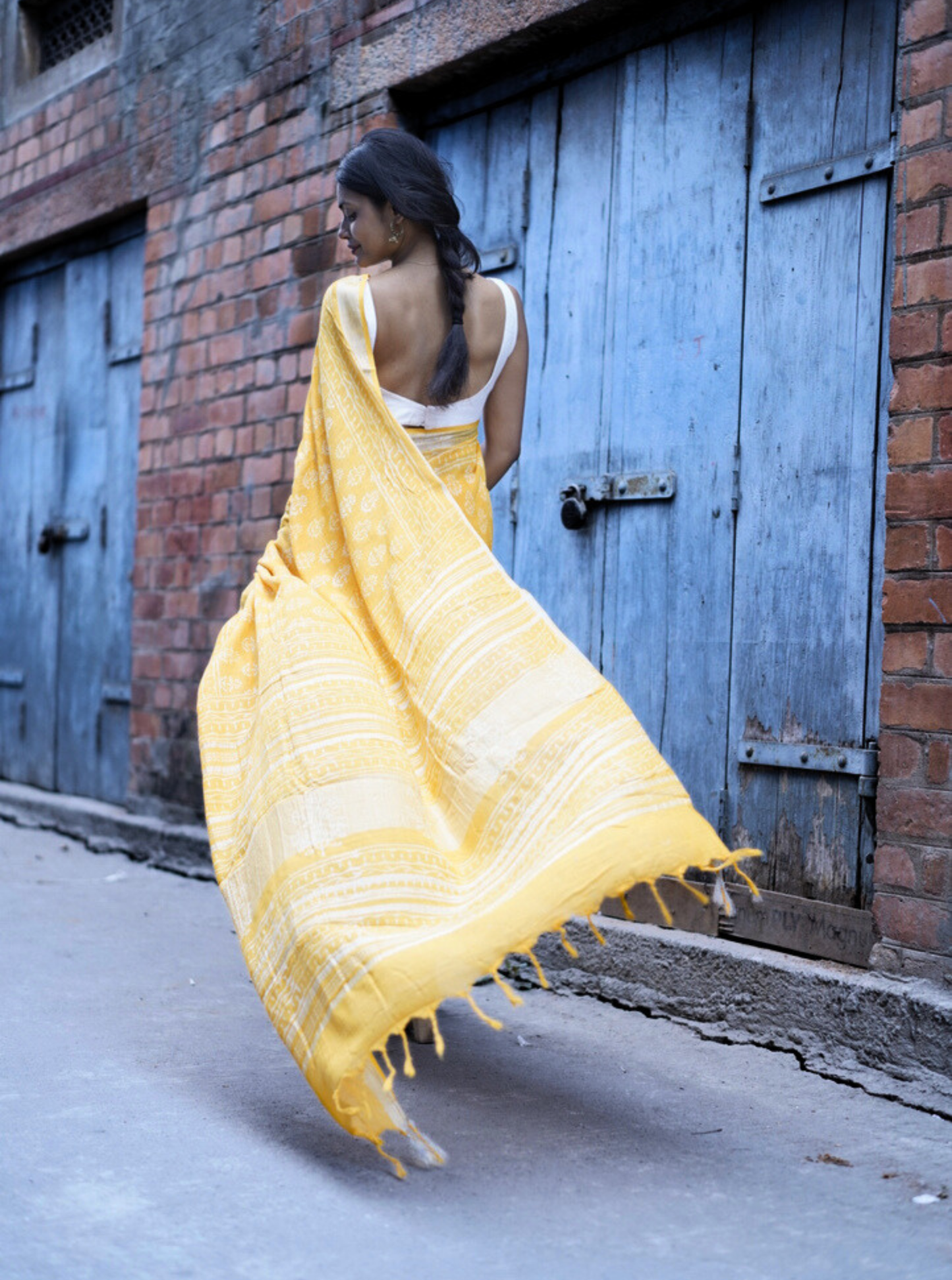 Sunshine Yellow Hand-Printed Linen Cotton Saree with Classic Borders