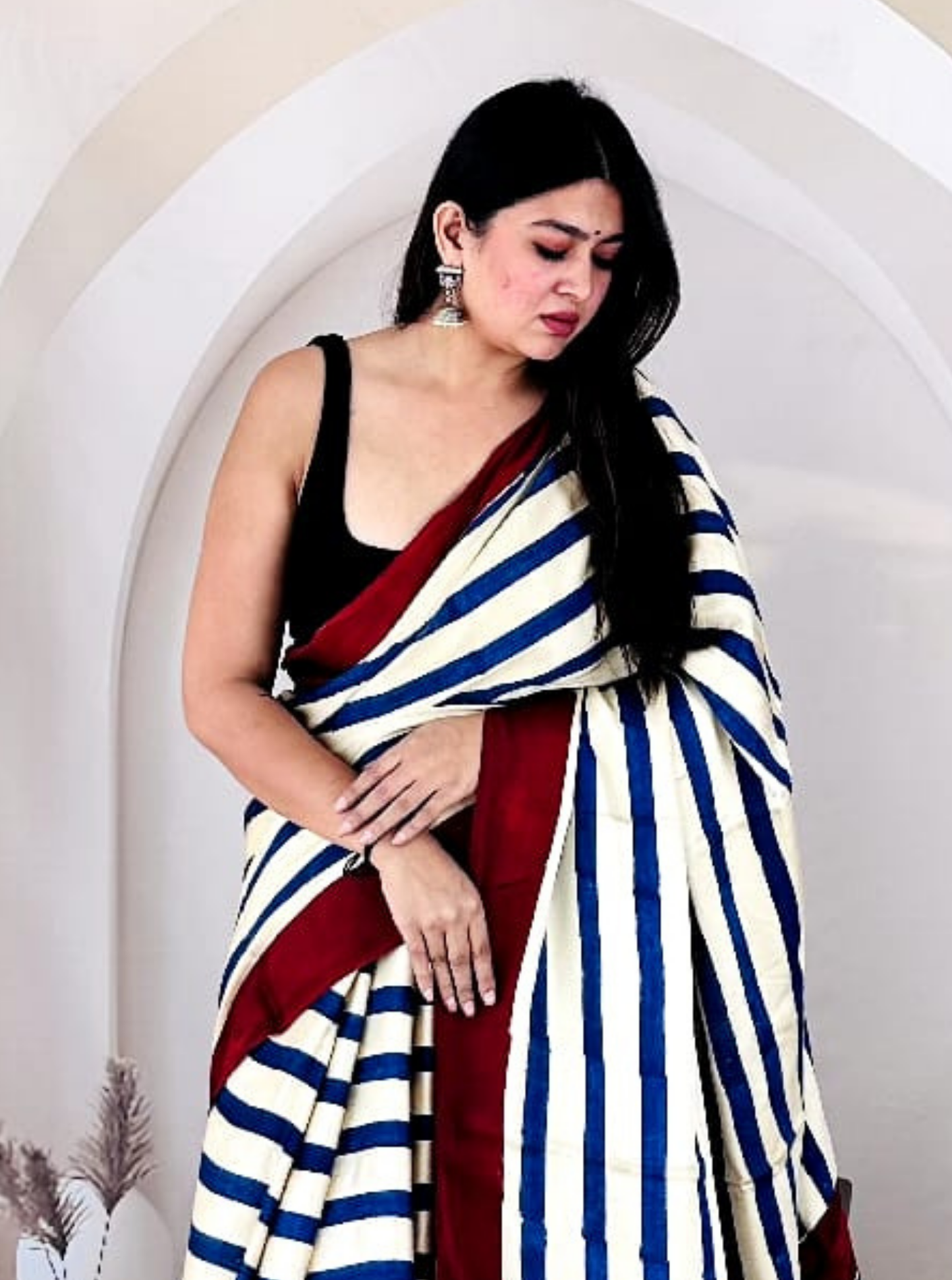 Cream & Blue Modal Silk Saree with Stripes & Ajrakh-Inspired Pallu