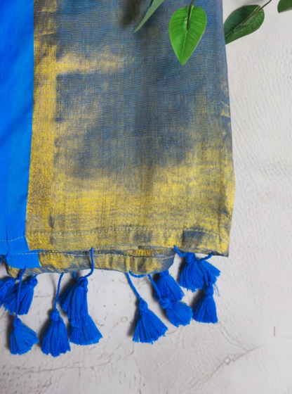 Blue & Gold Tissue Cotton Saree with Contrast Border