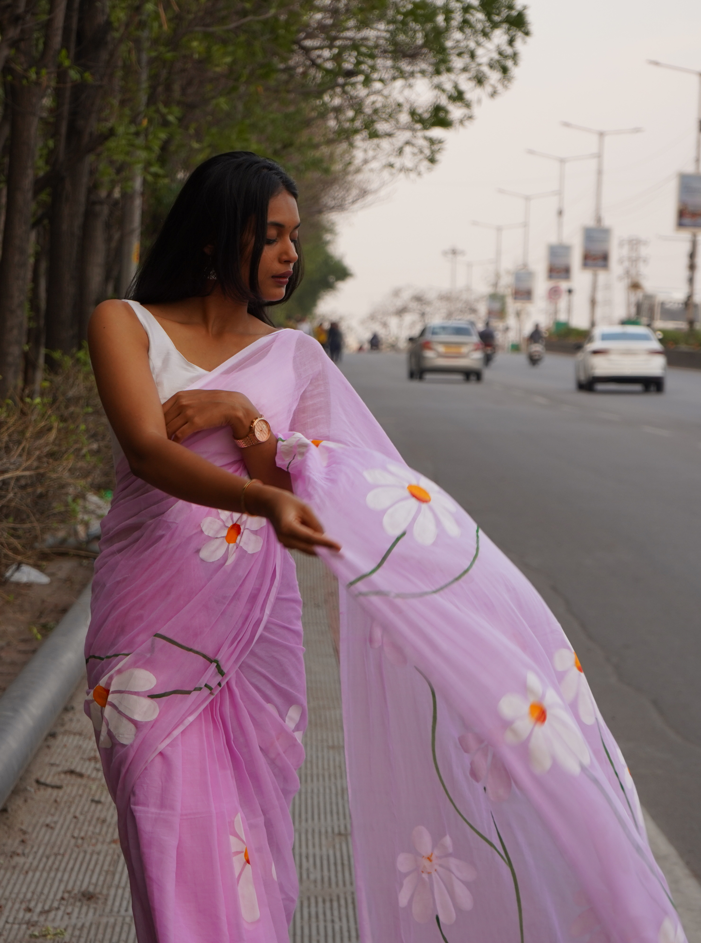 Pastel Pink Hand-Painted Mul Cotton Saree with Floral Art