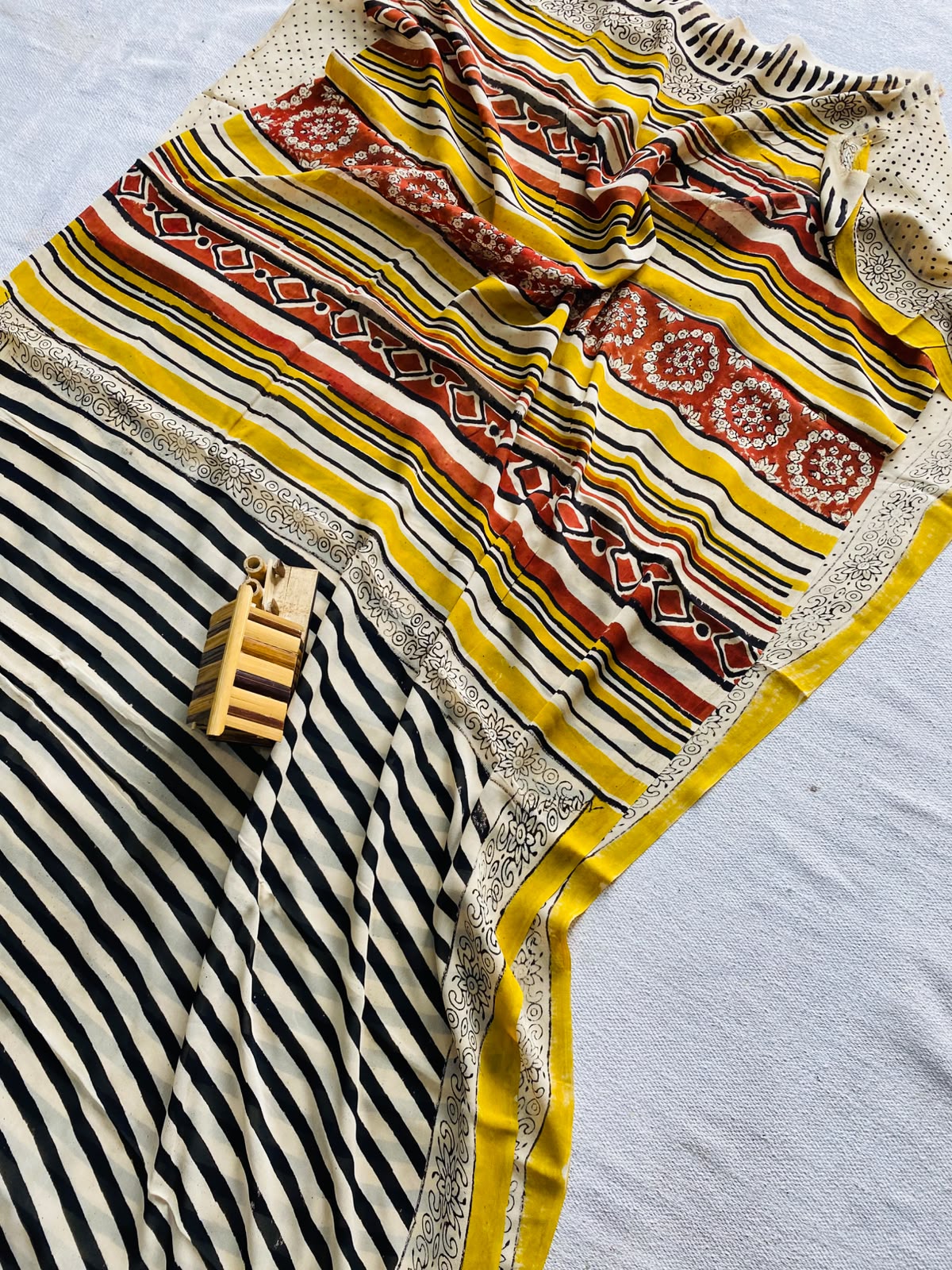 Ivory White & Mustard Yellow Ajrakh Hand Block Printed Georgette Saree