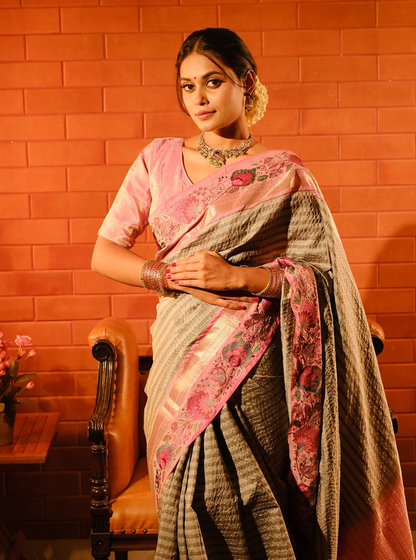 Elegant Grey Designer Silk Saree with Pink Embroidered Border