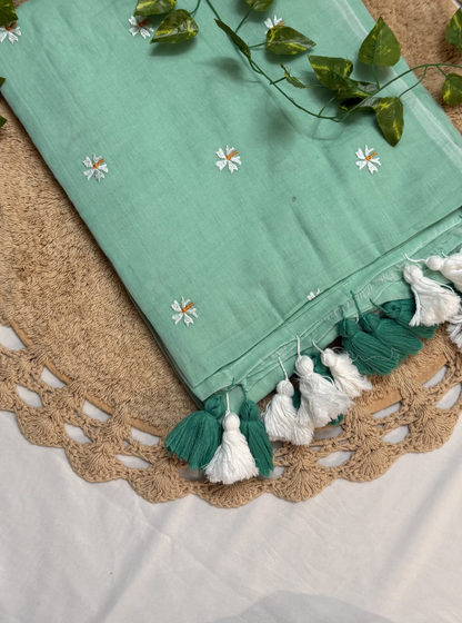 Mint Green Mul Cotton Saree with Floral Butti & Dual-Tone Tassels