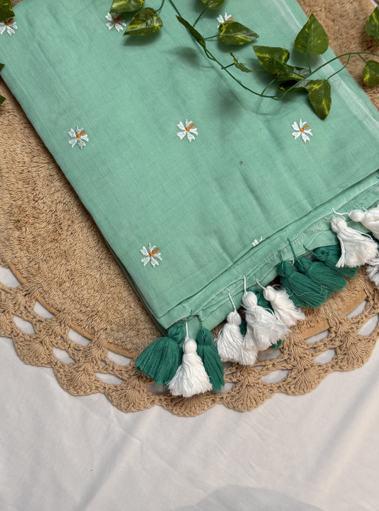 Mint Green Mul Cotton Saree with Floral Butti & Dual-Tone Tassels