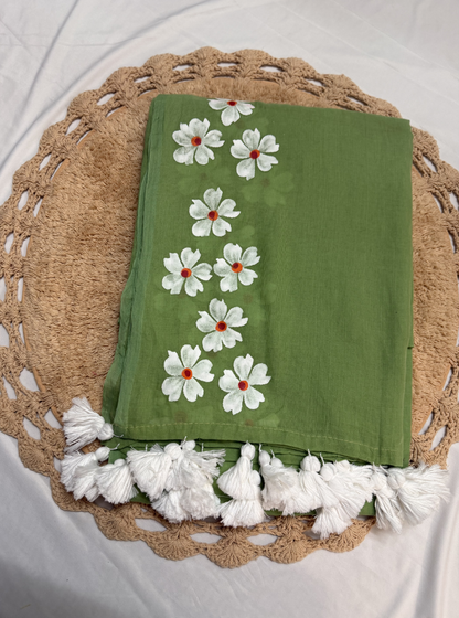 Elegant Olive Green Hand-Painted Mul Cotton Saree with Floral Motifs & White Tassels