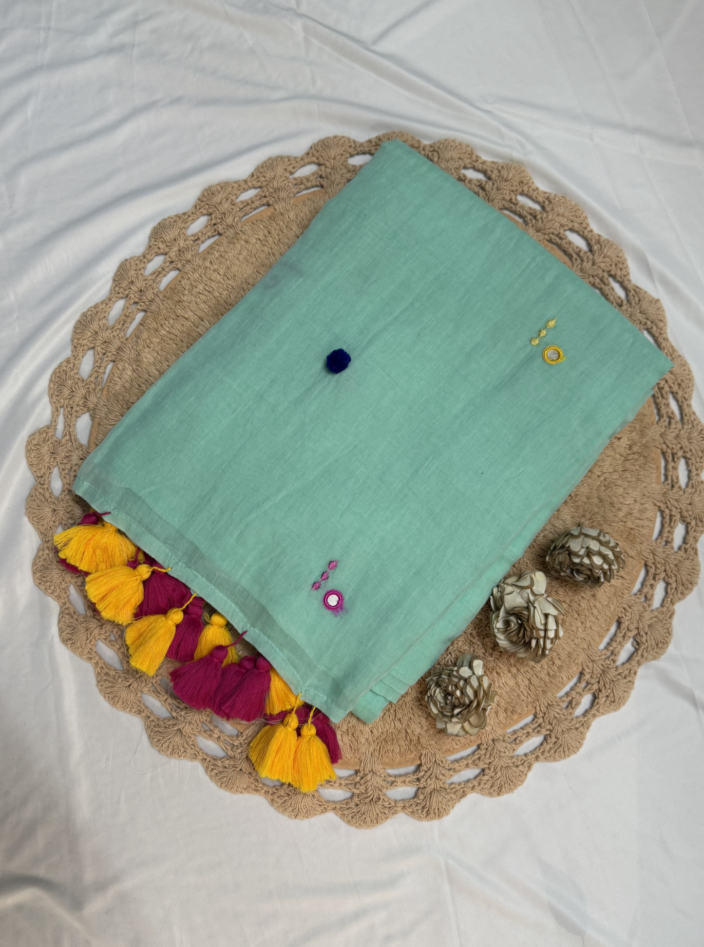Mint Green Mul Cotton Saree with Multicolor Tassel Pallu