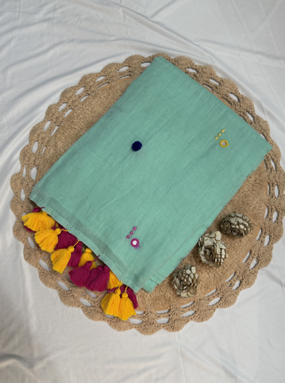 Mint Green Mul Cotton Saree with Multicolor Tassel Pallu