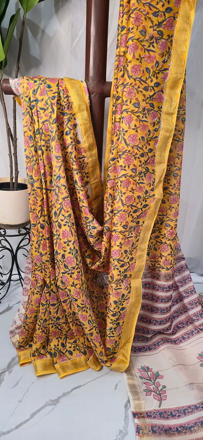 Beautiful Yellow Maheshwari Silk Saree with Hand Block Print for Festive & Party Wear