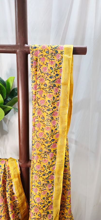 Beautiful Yellow Maheshwari Silk Saree with Hand Block Print for Festive & Party Wear