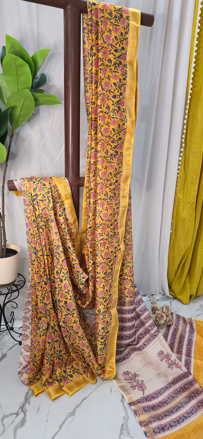 Beautiful Yellow Maheshwari Silk Saree with Hand Block Print for Festive & Party Wear