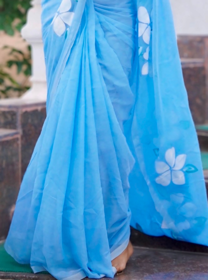 Sky Blue Mul Cotton Saree with Minimal Floral Accents
