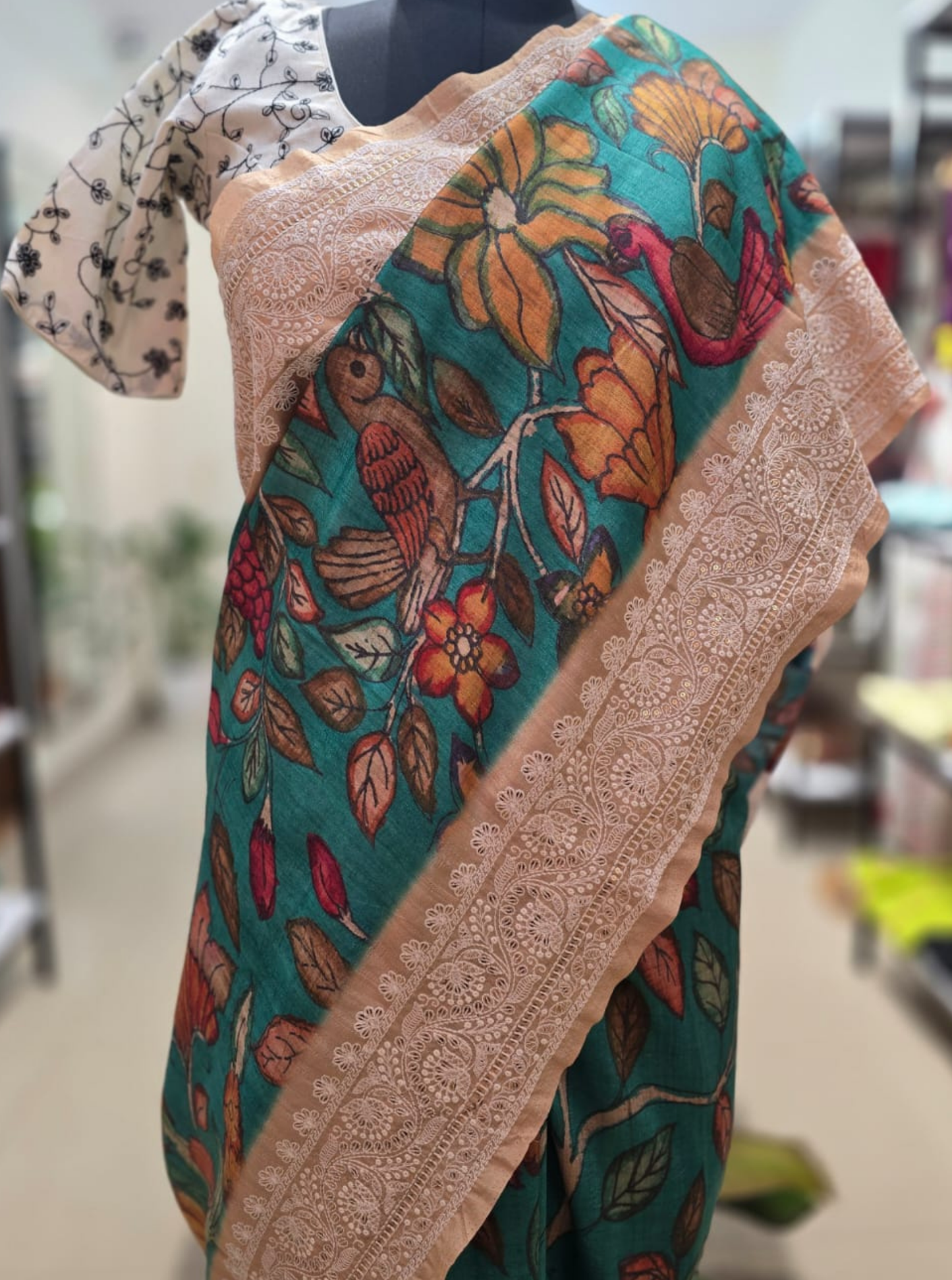 Teal Green Tussar Silk Saree with Kalamkari Bird & Floral Print
