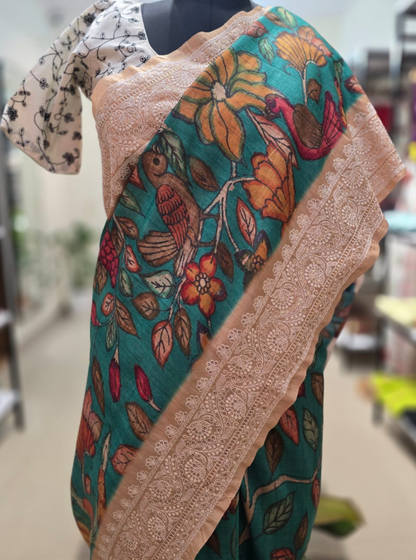 Teal Green Tussar Silk Saree with Kalamkari Bird & Floral Print