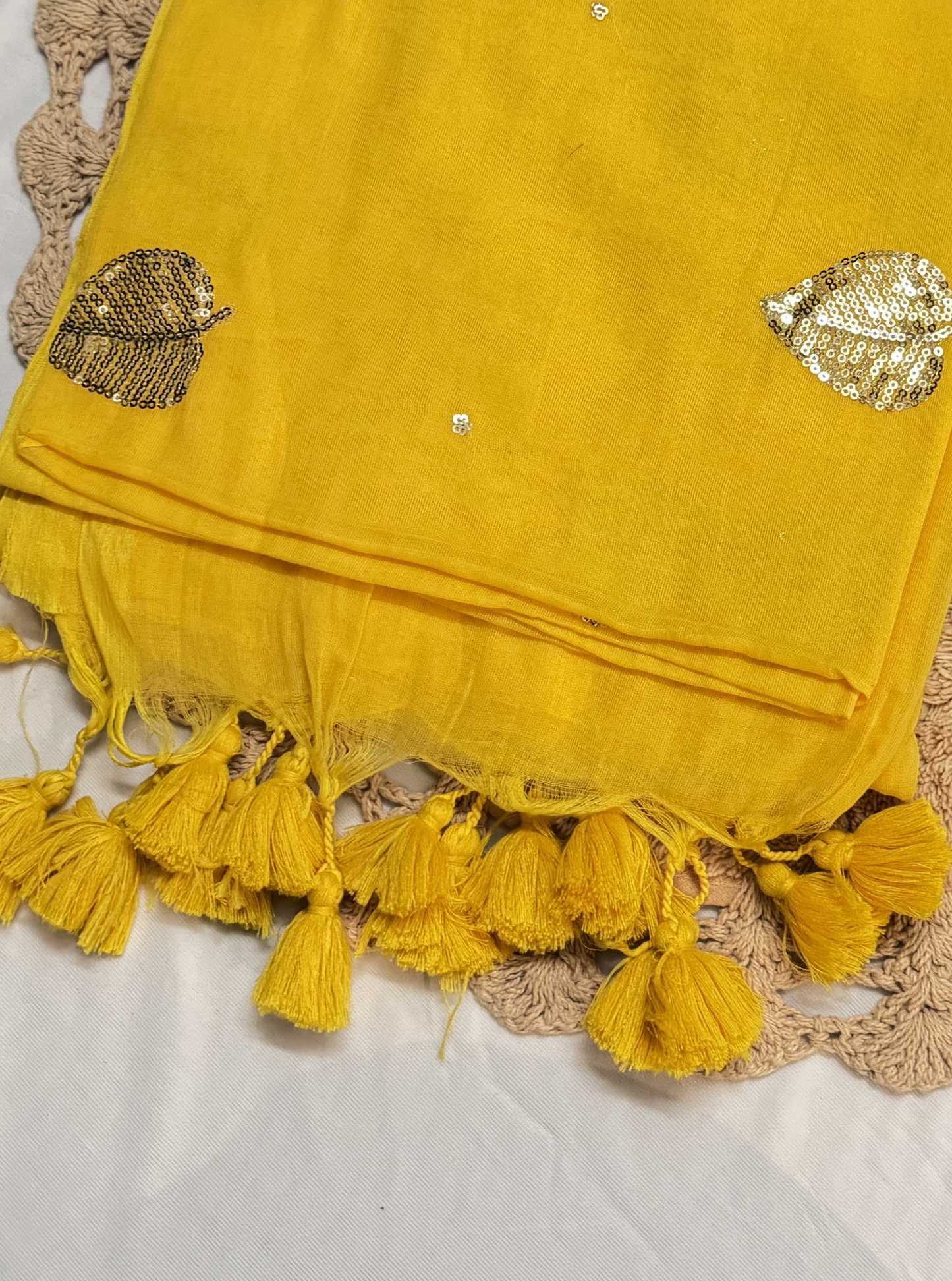 Sunshine Yellow Mul Cotton Saree with Sequin Leaf Motifs & Tassels