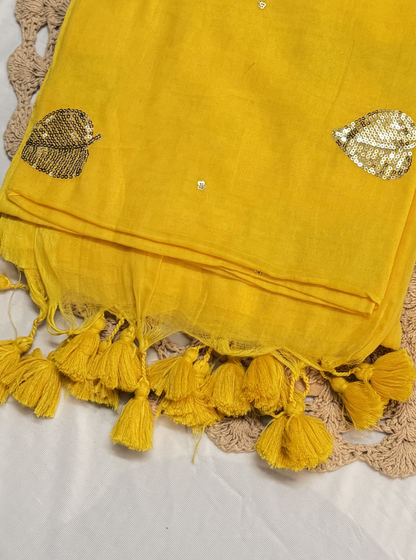Sunshine Yellow Mul Cotton Saree with Sequin Leaf Motifs & Tassels