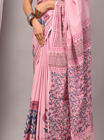 Soft Pink Bagru Print Cotton Saree with Floral Pallu