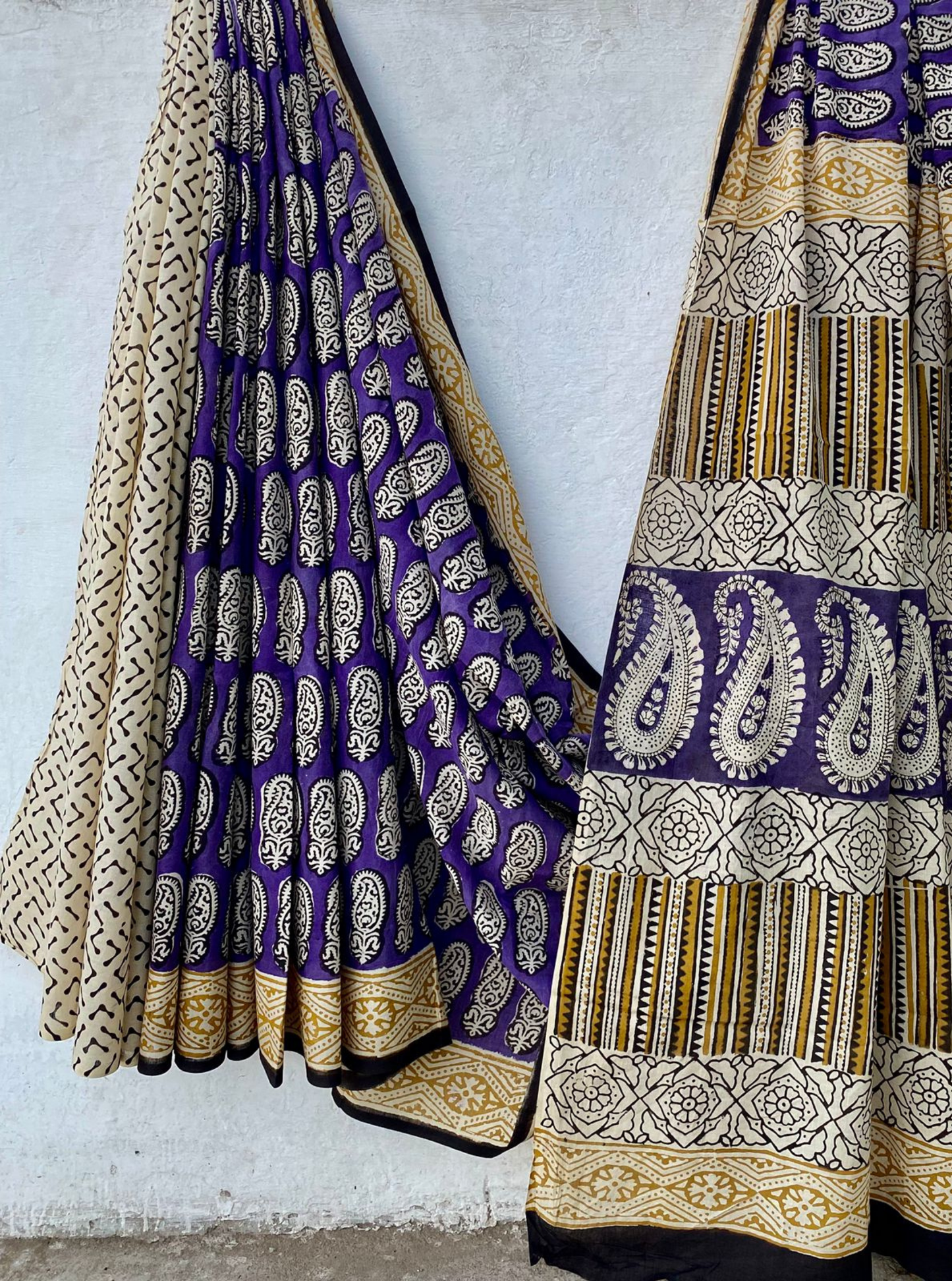 Royal Indigo & Mustard Bagru Handblock Printed Cotton Saree