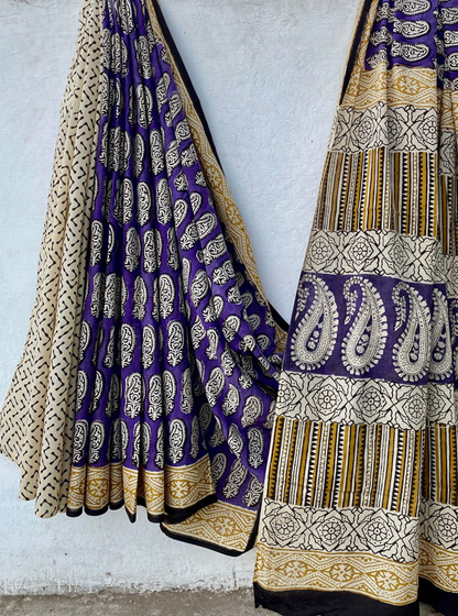 Royal Indigo & Mustard Bagru Handblock Printed Cotton Saree