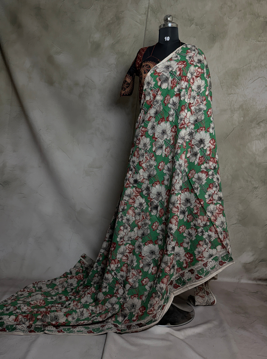 Mint Green Cotton Kalamkari Saree with Floral Blossom Prints