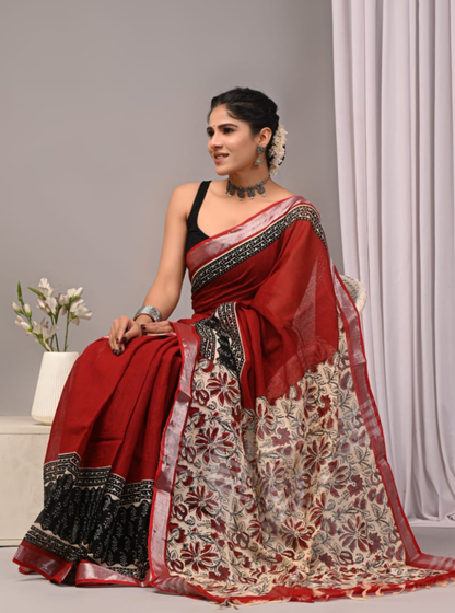 Classic Red Linen Cotton Saree with Floral Kalamkari-Inspired Pallu