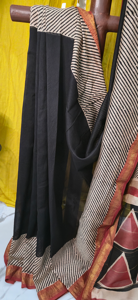 Stylish Black and White Maheshwari Silk Saree with Hand Block Print for Festive & Party Wear
