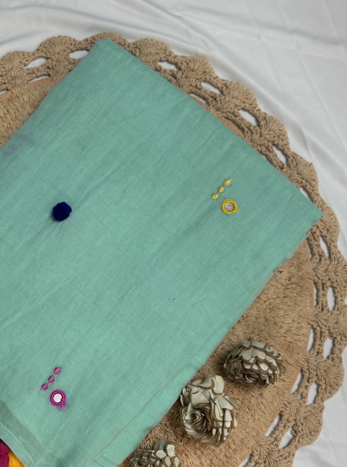 Mint Green Mul Cotton Saree with Multicolor Tassel Pallu