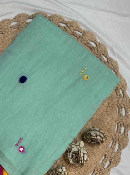 Mint Green Mul Cotton Saree with Multicolor Tassel Pallu