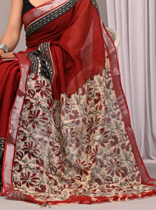 Classic Red Linen Cotton Saree with Floral Kalamkari-Inspired Pallu