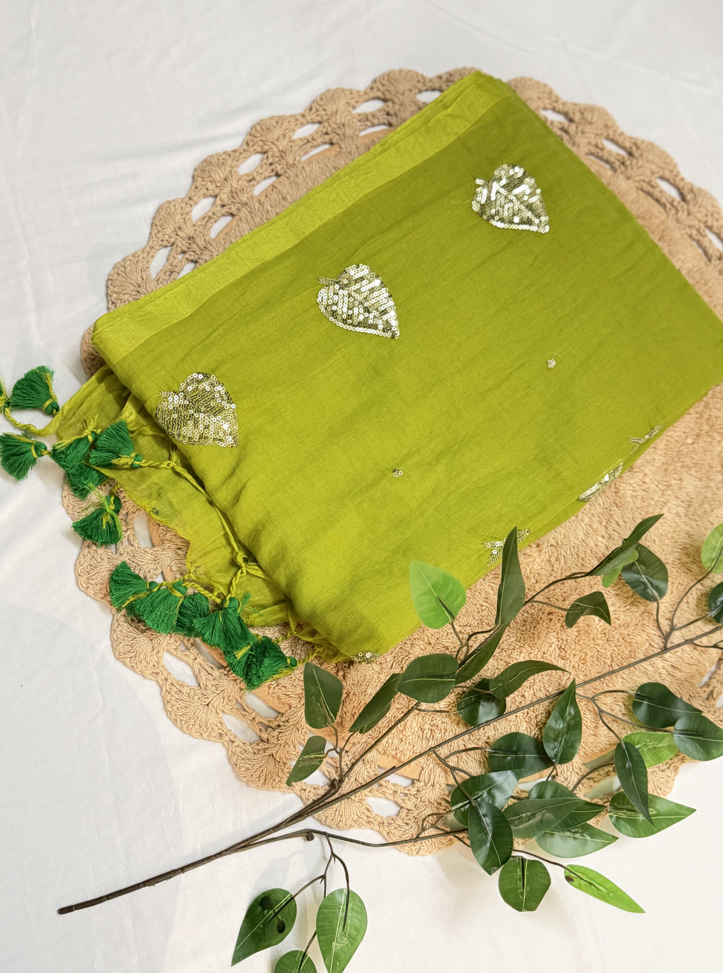 Lime Green Mul Cotton Saree with Sequin Leaf Motifs & Tassels