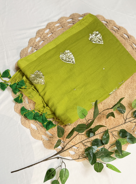 Lime Green Mul Cotton Saree with Sequin Leaf Motifs & Tassels